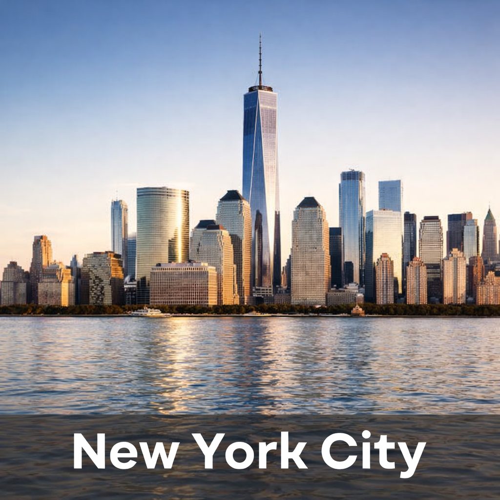 New York City skyline at sunrise featuring One World Trade Center