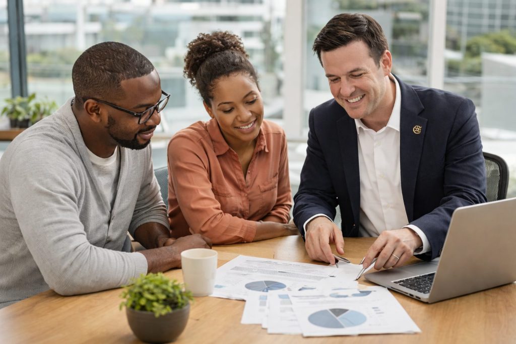 Real estate agent reviewing pricing and strategy with clients during a home buying consultation