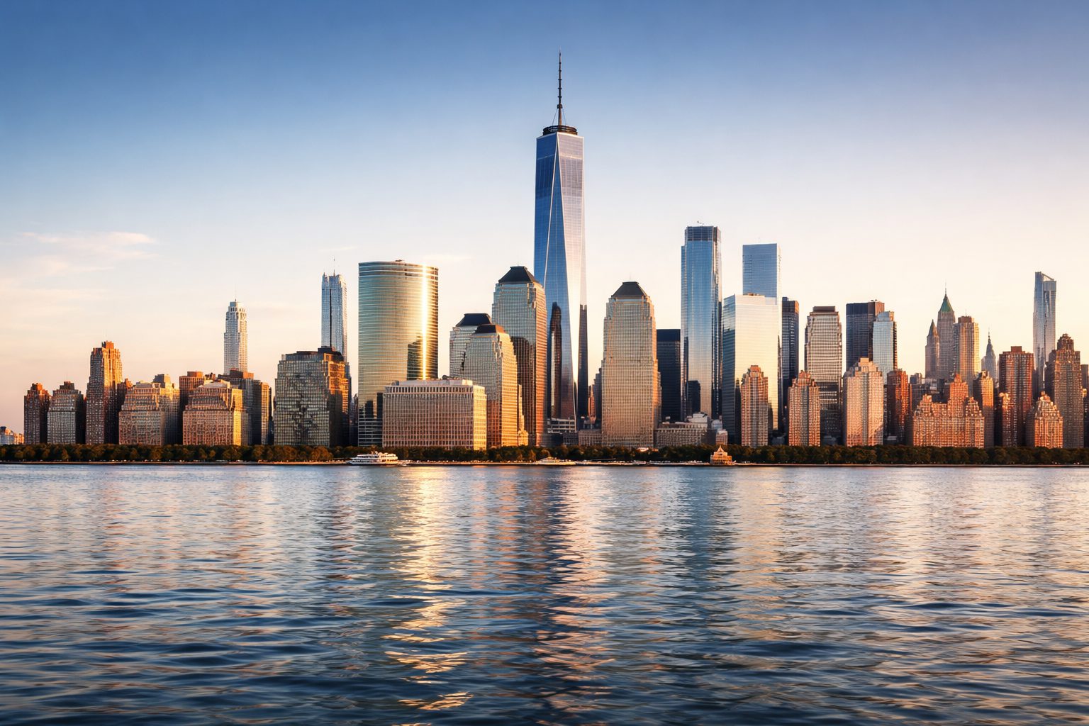 New York City skyline at sunrise featuring One World Trade Center viewed from the Hudson River
