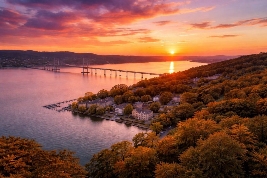 Hudson River and Governor Mario M. Cuomo Bridge in Rockland County, New York at sunset