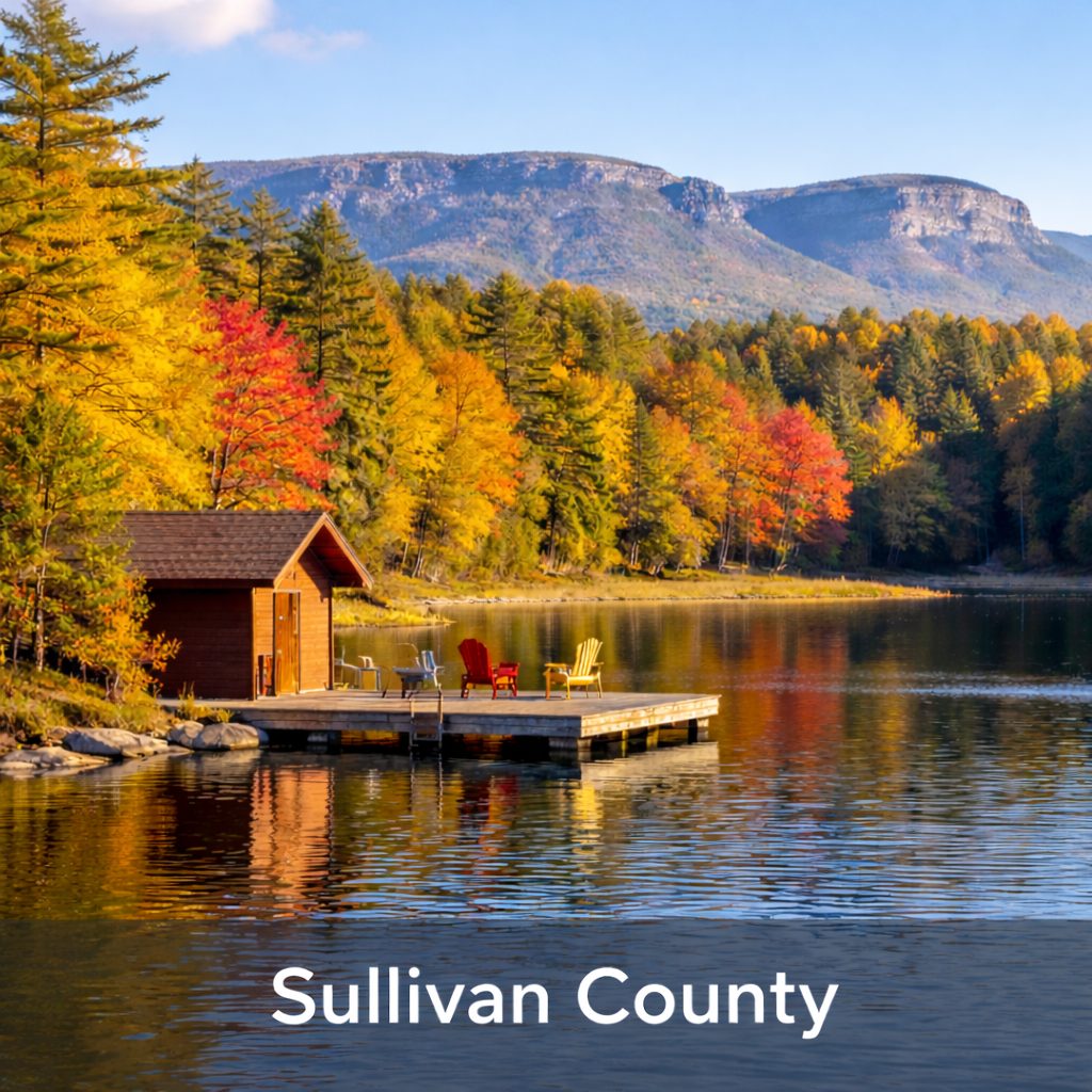 Sullivan County New York landscape with lake and autumn foliage